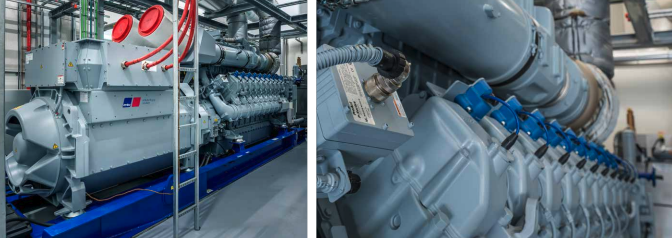 Industriel mtu-gasmotor inde i anlægget og nærbillede af mtu-motorkomponenter. Industriel mtu-gasmotor inde i anlægget og nærbillede af mtu-motorkomponenter.