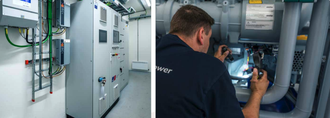 Tekniker inspicerer kontrolpaneler inde i anlægget. Tekniker inspicerer kontrolpaneler inde i anlægget.