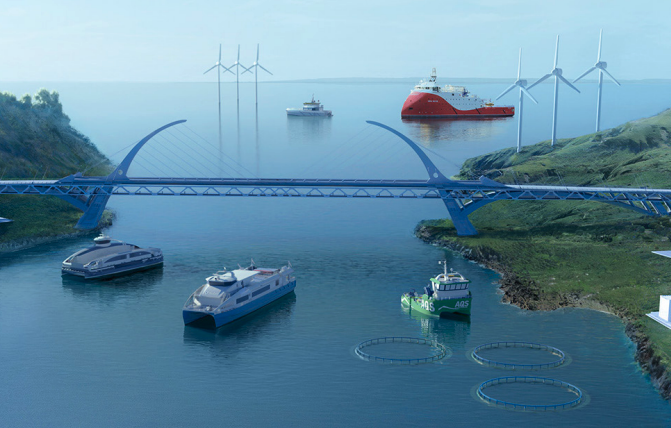 Illustration af færger og både, der sejler under en rød hængebro. Illustration af færger og både, der sejler under en rød hængebro.