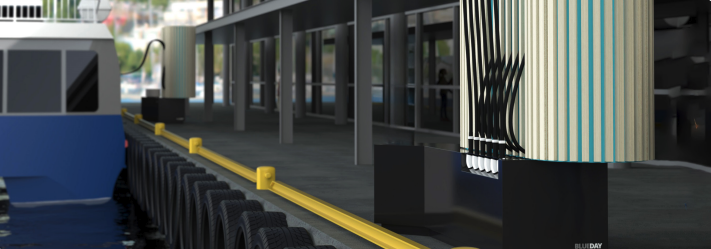 Nærbillede af en ladestation til elektriske færger i en moderne havn. Nærbillede af en ladestation til elektriske færger i en moderne havn.