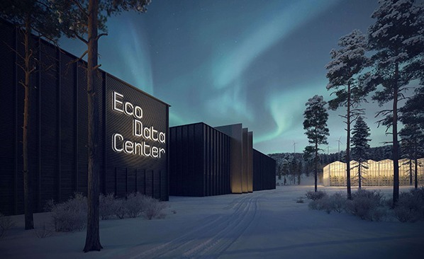 Udvendigt billede af EcoDataCenter-bygningen om vinteren med træer. Udvendigt billede af EcoDataCenter-bygningen om vinteren med træer.